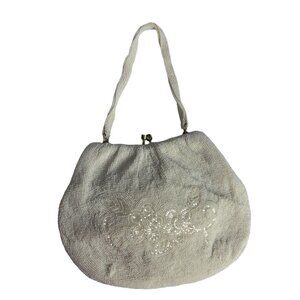 Unbranded Women's White Satin Floral Beaded Kiss Lock Evening Clutch Bag Sz S